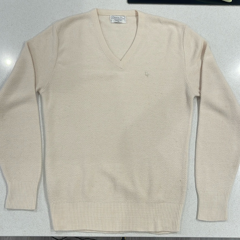 Vintage Christian Dior V-Neck Sweater - Size XL - 80s - Cream
